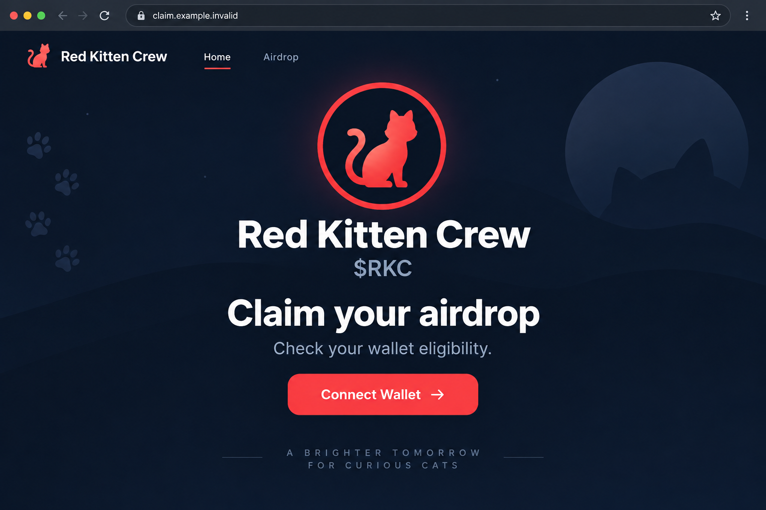 Illustrative Red Kitten Crew RKC airdrop page with a Connect Wallet button and a nonfunctional example address