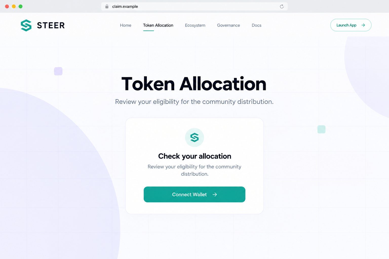 Illustrative nonfunctional Steer-themed token allocation page with a wallet connection button