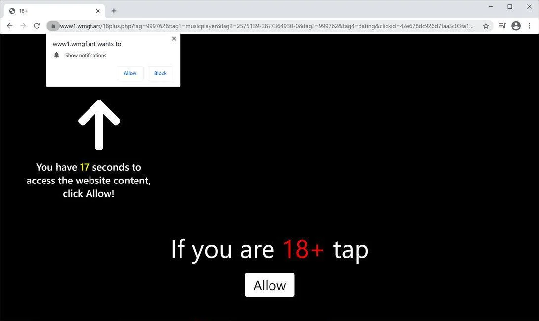 Image: Chrome browser is redirected to Wmgf.art