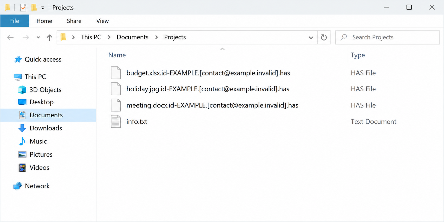 Illustrative file explorer showing .has encrypted filenames and an info.txt ransom note