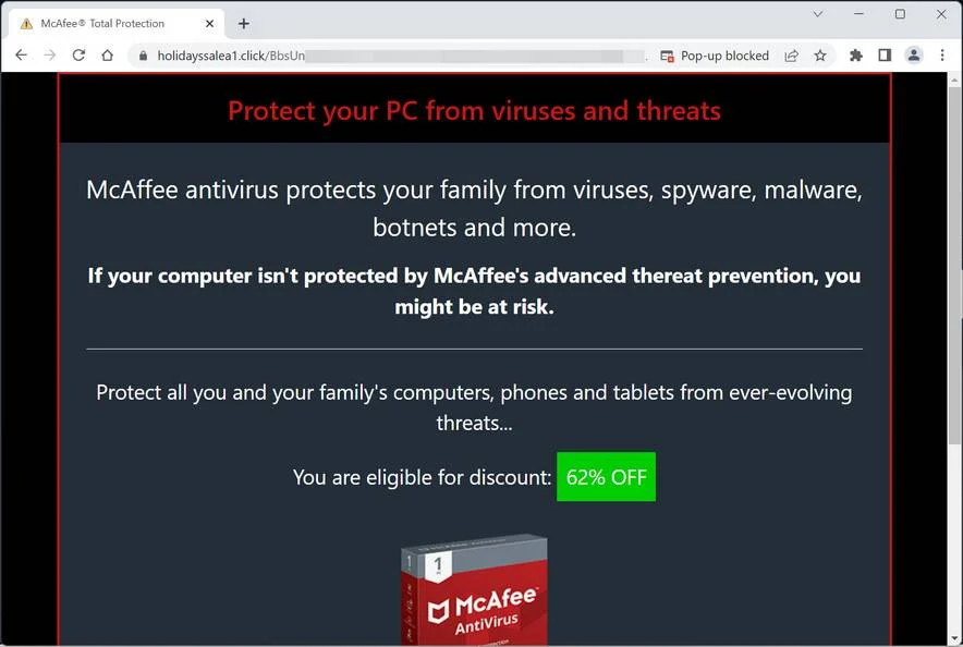 Image: Holidayssalea1.click Fake McAfee Virus Alert