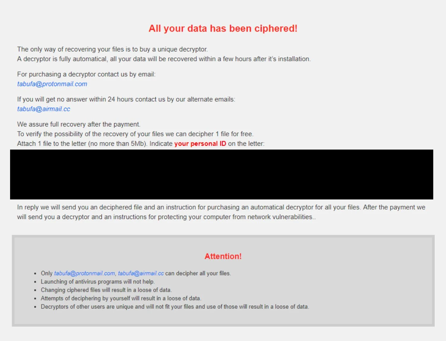 Image: Tabufa@protonmail.com Tabufa ransomware