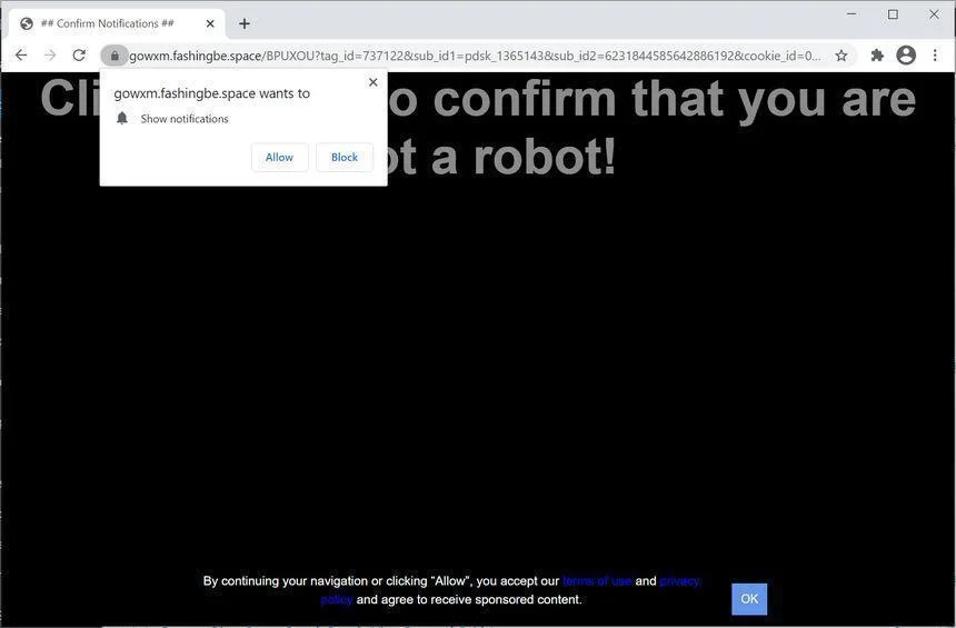 Remove Fashingbe.space pop-up ads (Virus Removal Guide) 1 Image: Chrome browser is redirected to Fashingbe.space