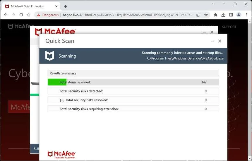 Image: Baged.live Fake McAfee Virus Alert