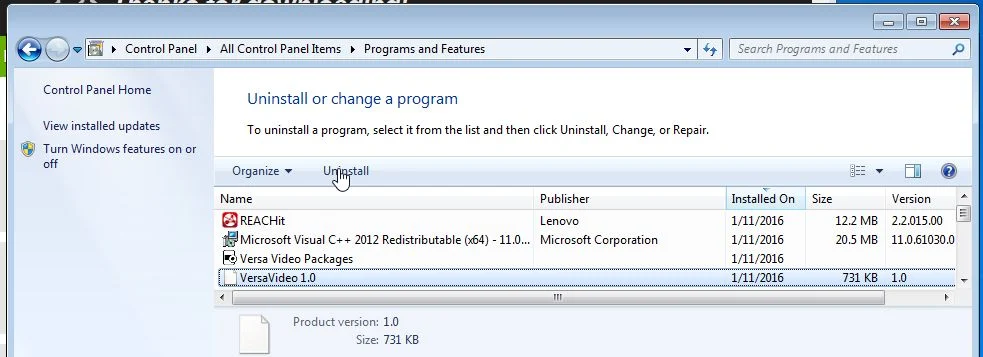 Remove VersaVideo from Windows