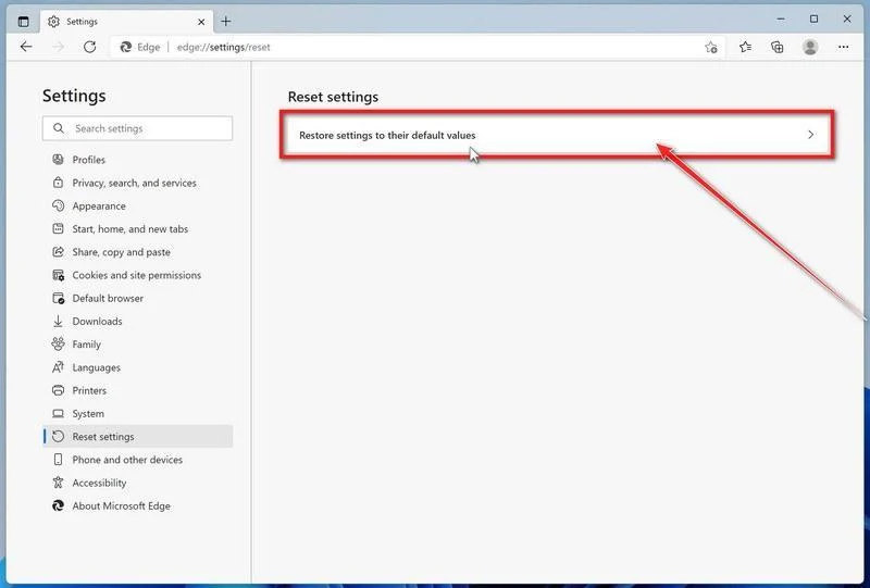 Select Restore settings to their default values in Microsoft Edge