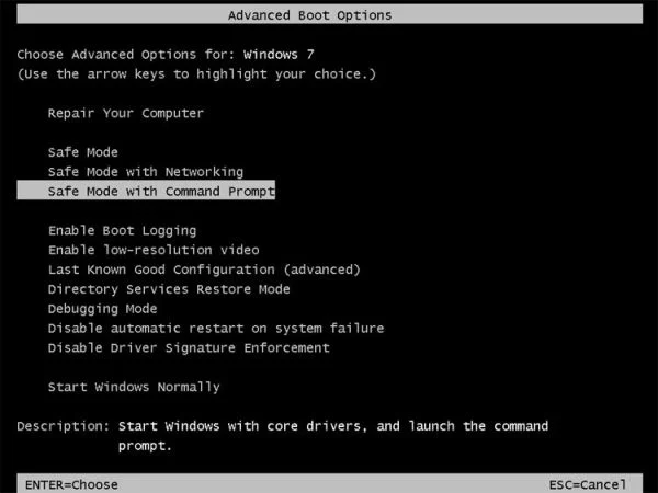 [Image: Starting computer in Safe Mode with Command Prompt]