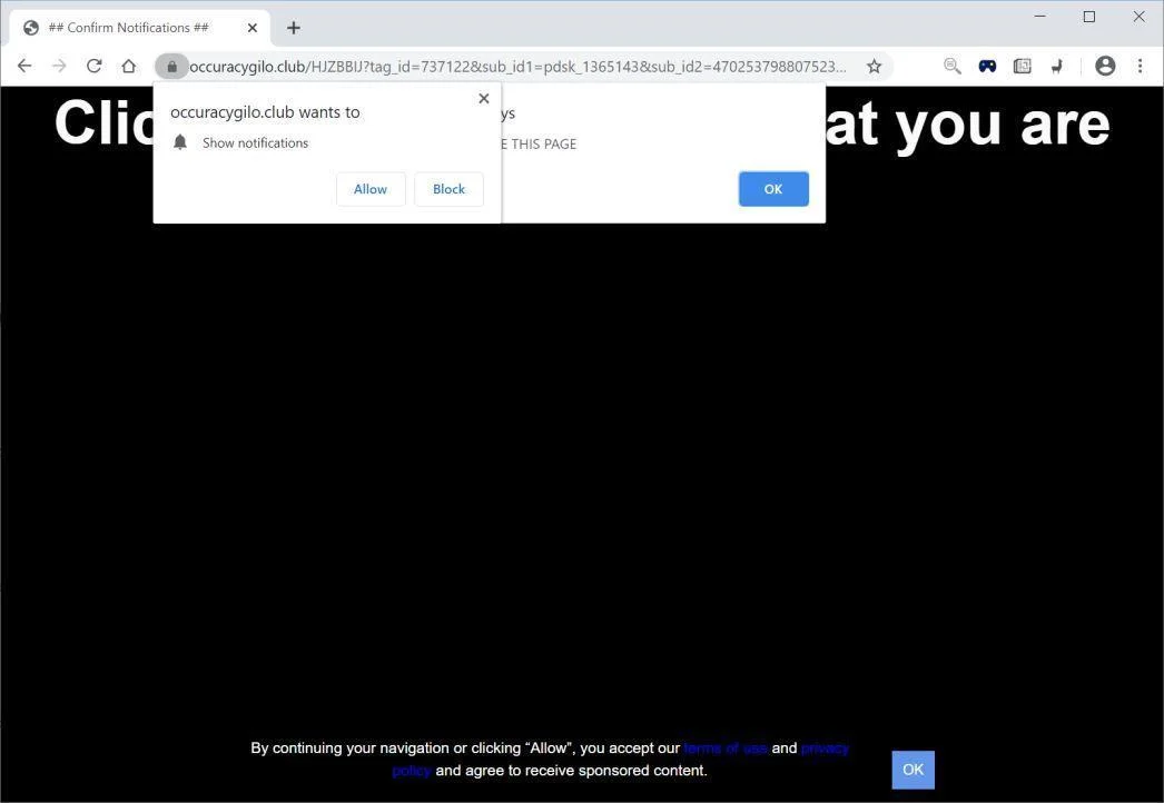 Remove Occuracygilo.club pop-up ads (Virus Removal Guide) 1 Image: Chrome browser is redirected to Occuracygilo.club