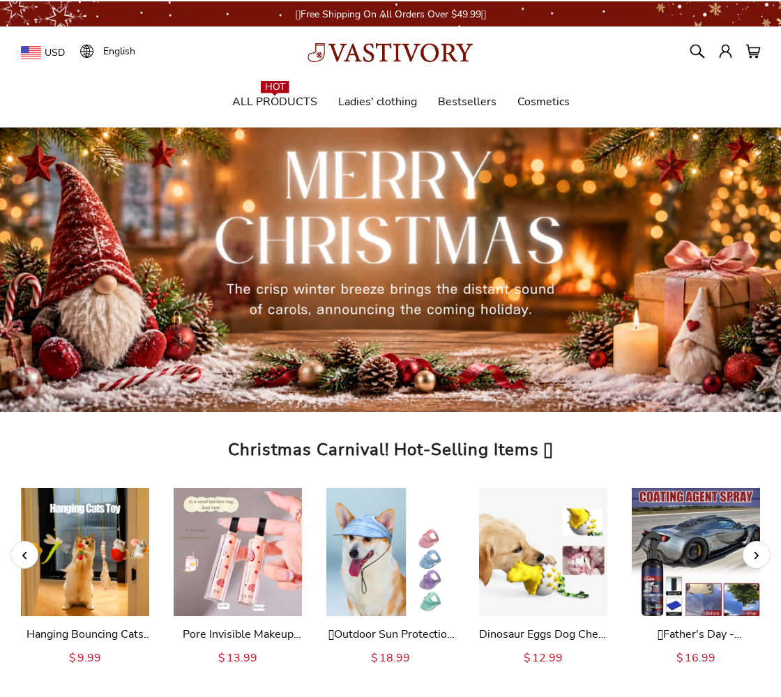 Vastivory EXPOSED: Seller Name Mismatch, Tax Wording and Return Problems 1 Vastivory Christmas storefront showing low-priced gifts and the shipping threshold