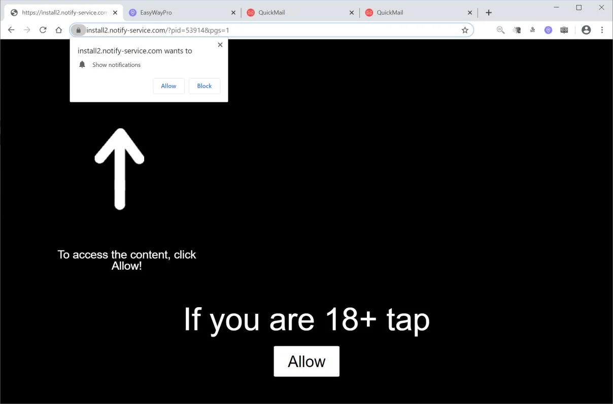 Image: Chrome browser is redirected to Notify-service.com