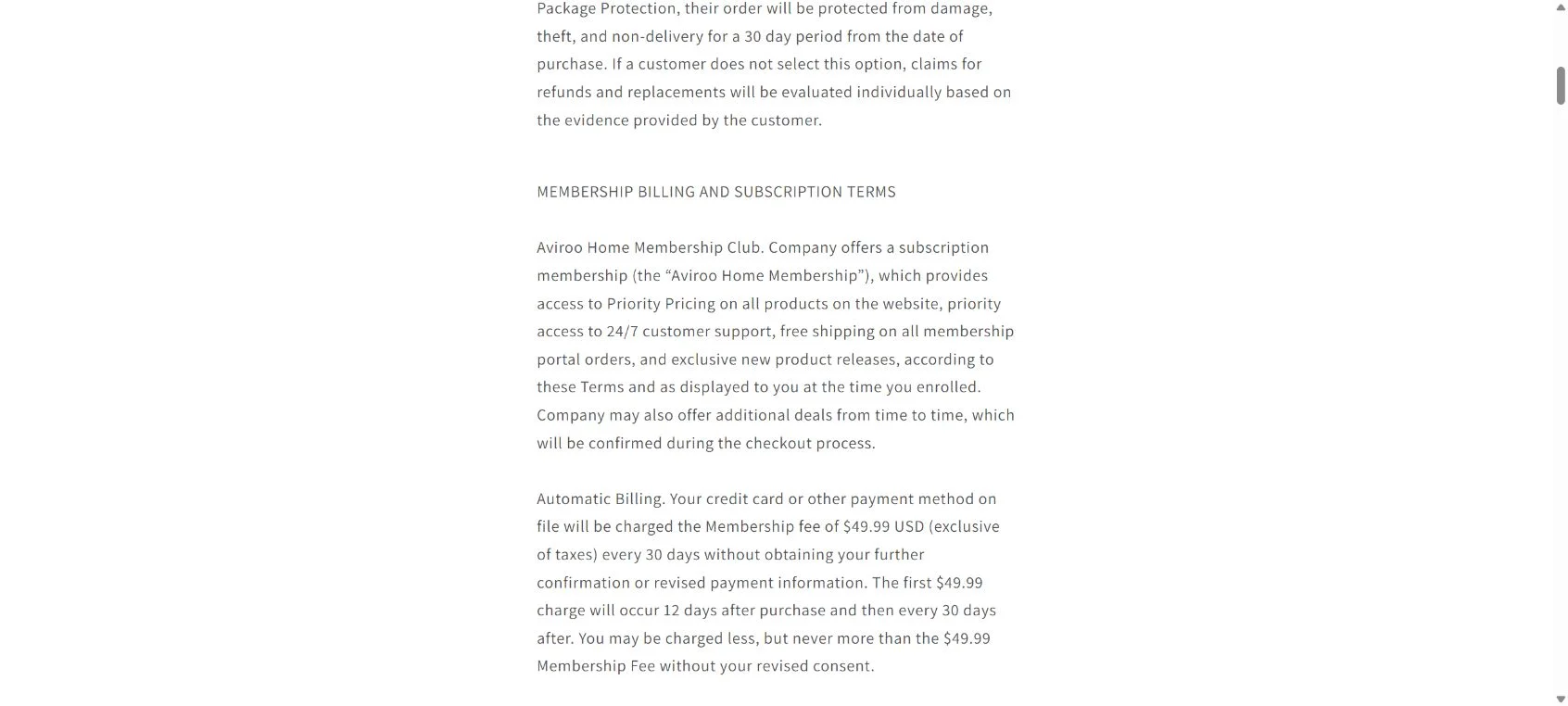 Fuel Sync Gas Saver Scam: Hidden $49.99 Subscription Warning 2 Aviroo Home terms showing automatic billing of $49.99 every 30 days after a Fuel Sync purchase funnel