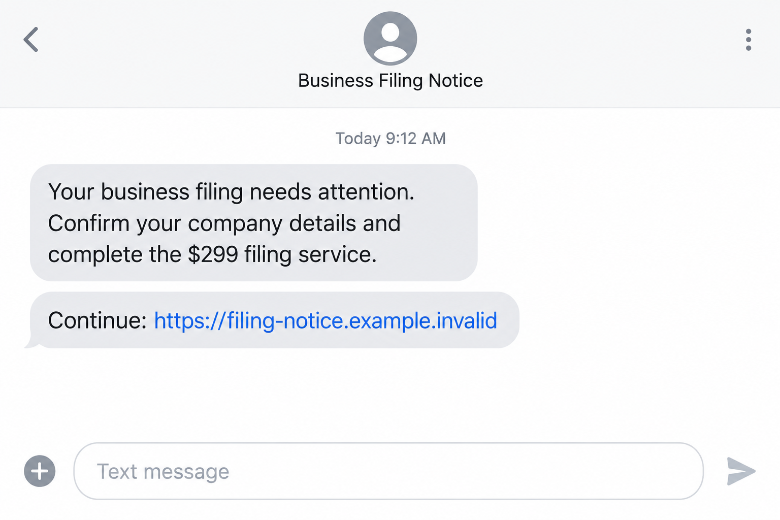 Fictional business filing text illustration with a $299 service request and a nonfunctional example address