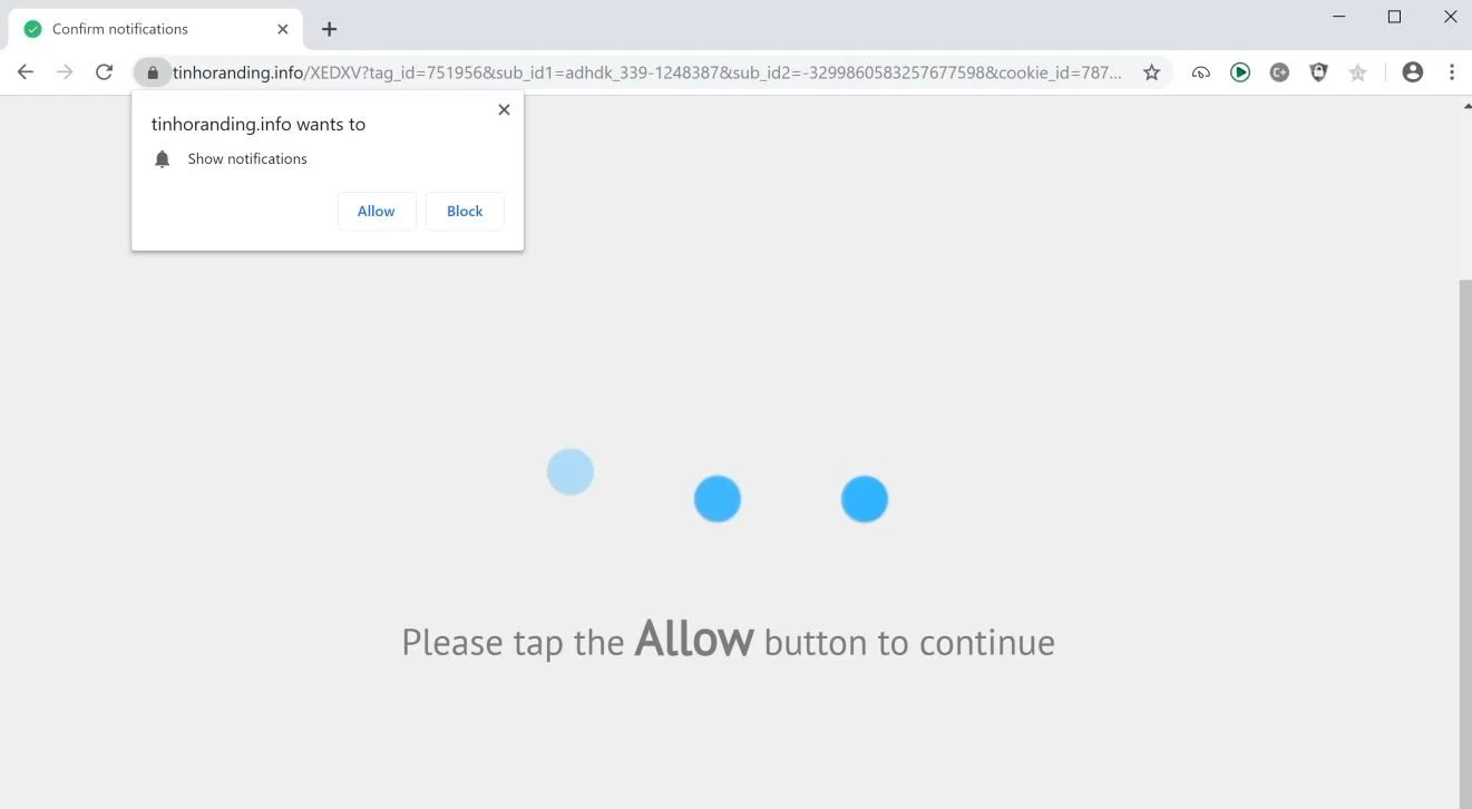 Image: Chrome browser is redirected to the Tinhoranding.info site