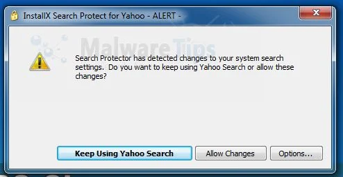 [Image: InstallX Search Protect for Yahoo - Alert pop-up]