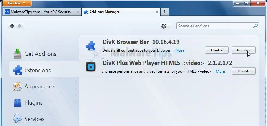 [Image: DivX Toolbar Firefox extension]