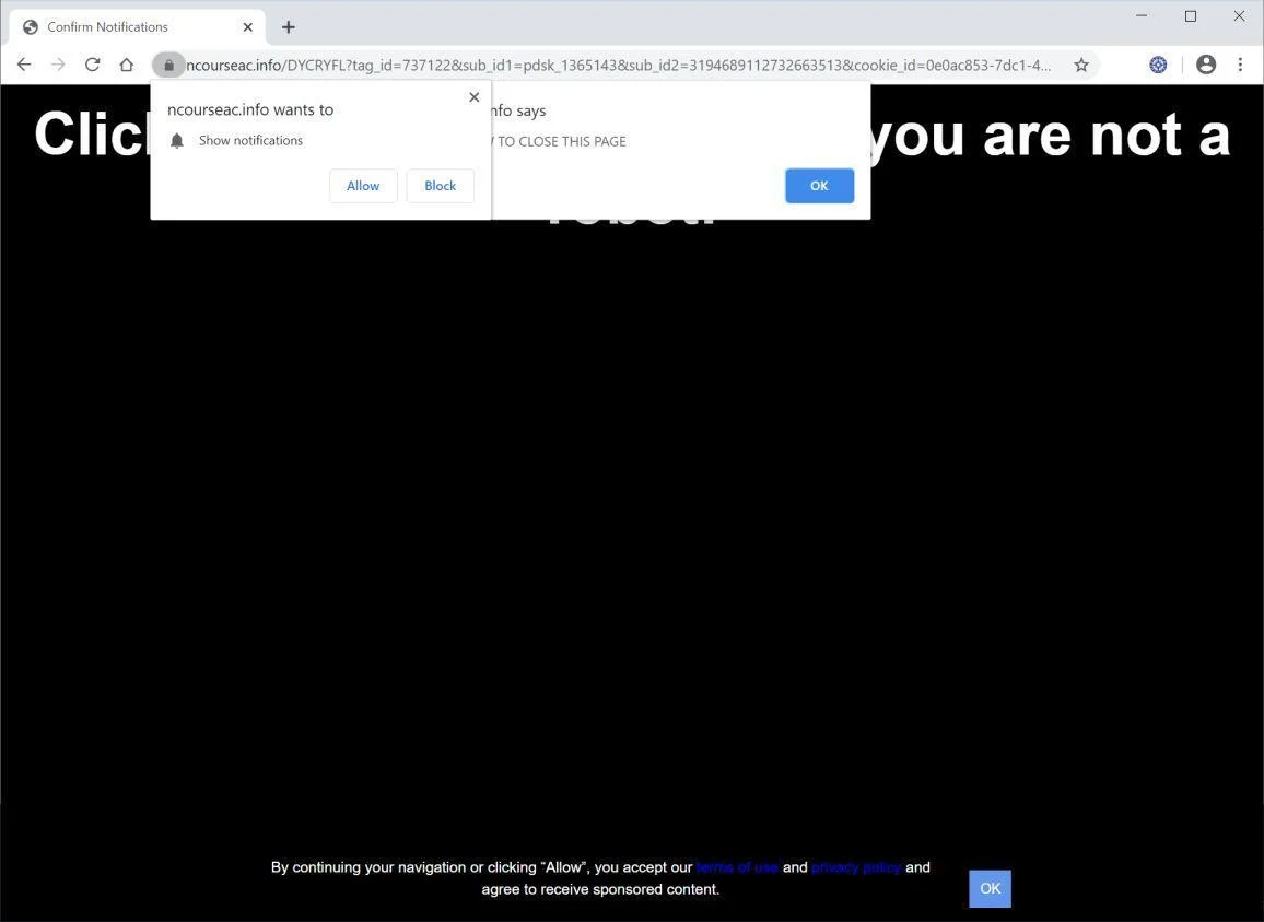 Remove Ncourseac.info pop-up ads (Virus Removal Guide) 1 Image: Chrome browser is redirected to Ncourseac.info