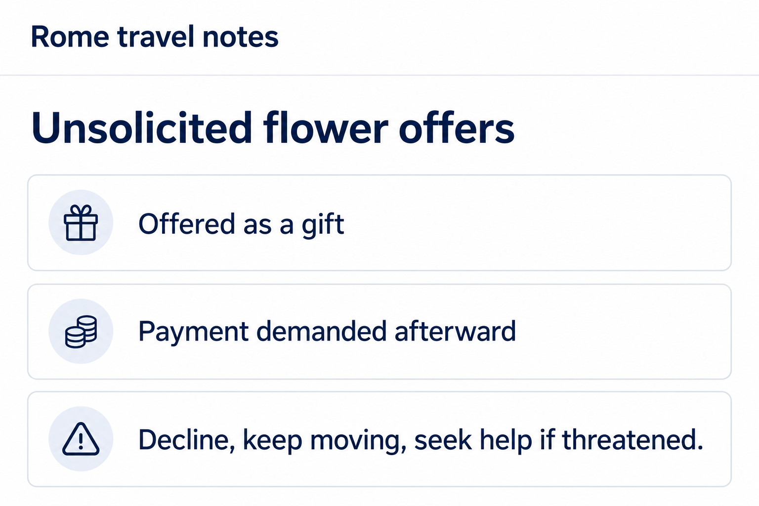 Illustrative Rome travel notes showing a free flower offer followed by a payment demand