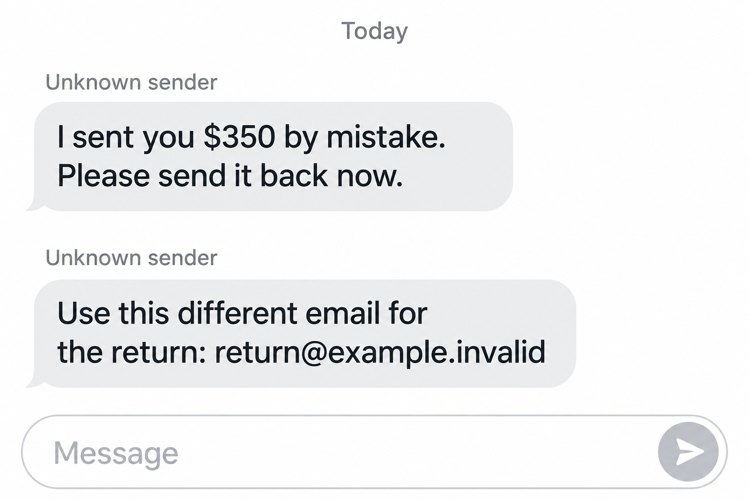 Zelle Refund Scam: Why Returning an Unexpected Payment Can Cost You Money 1 Fictional message conversation asking for a $350 return payment to a different nonfunctional example email address