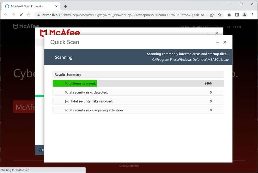 Image: Histed.live Fake McAfee Virus Alert
