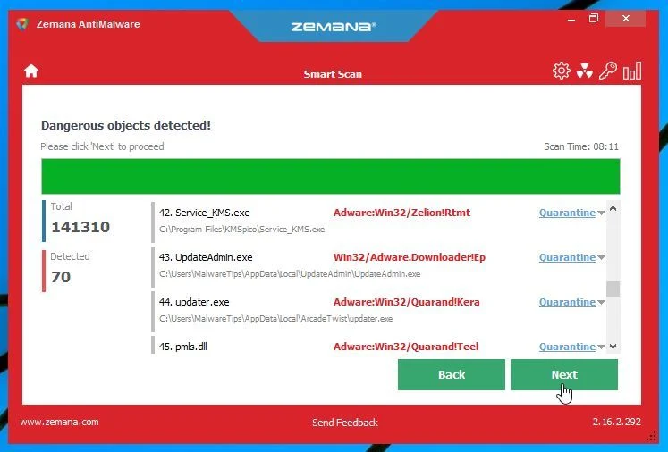 Click Next to remove malware found by Zemana AntiMalware Zemana AntiMalware Removal
