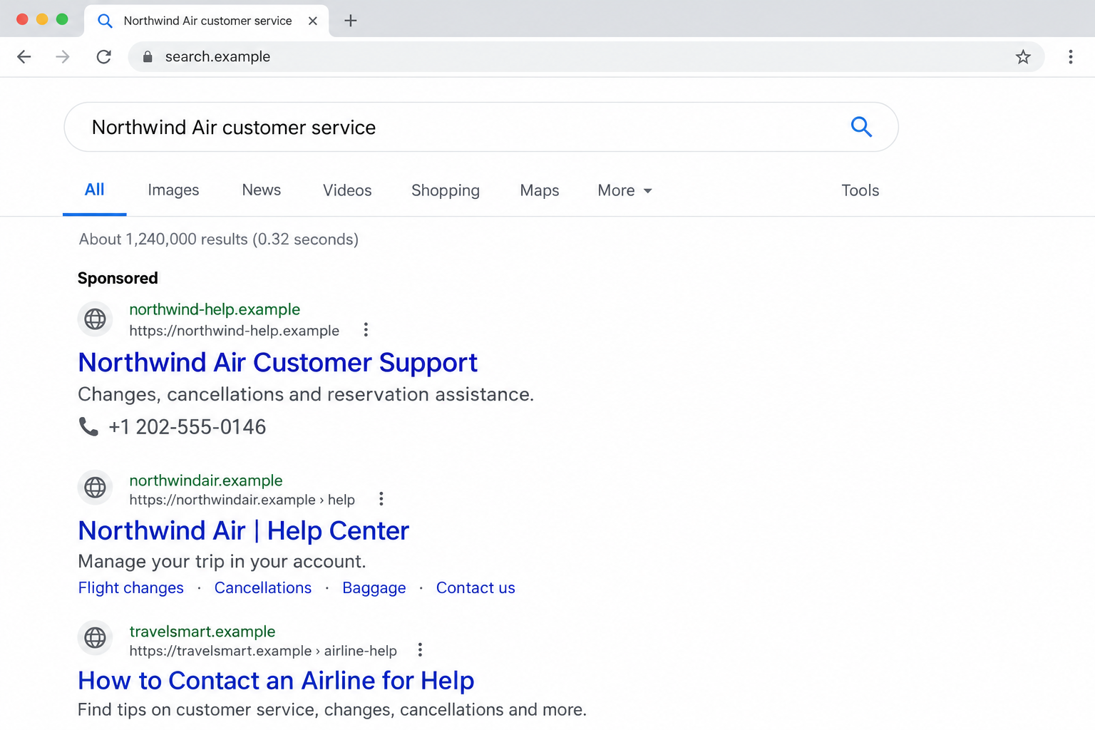 Illustration of a fictional airline support search with a sponsored result and example domains