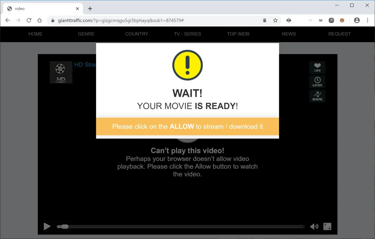 How to remove Giantttraffic.com pop-up ads (Virus Removal Guide) 1 Image: Chrome browser is redirected to Giantttraffic.com