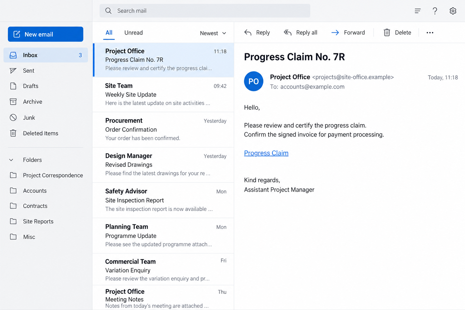 Fictional Progress Claim No. 7R business email illustration with a document review hyperlink and invented sender details