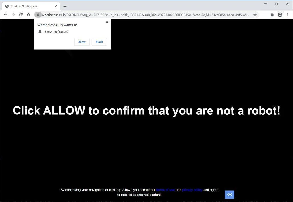 Image: Chrome browser is redirected to Whetheless.club