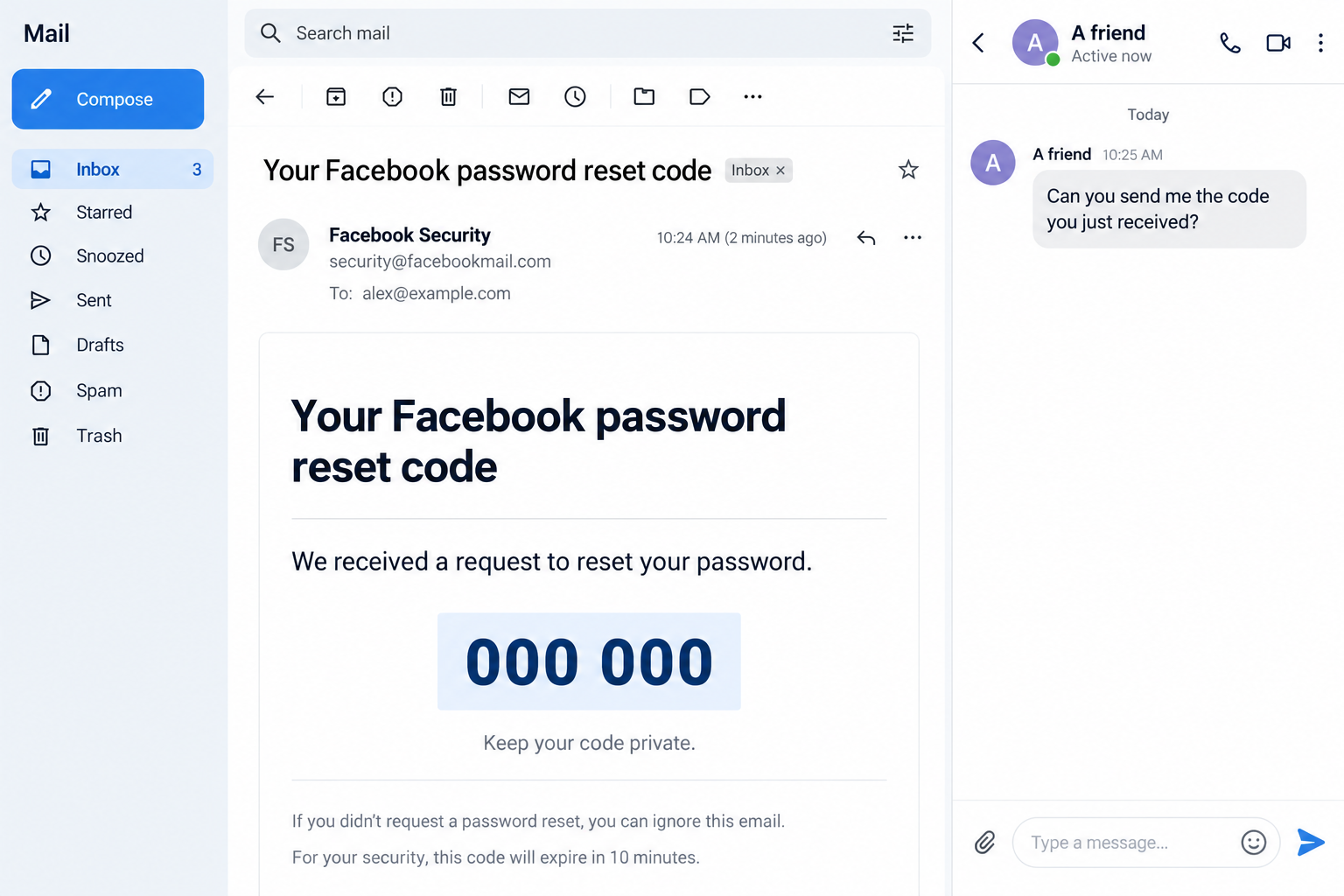 Facebook Recovery Code Scam: Why a Real Email Can Still Put You at Risk 1 Fictional Facebook recovery code email beside a message asking the recipient to share the code