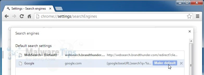 [Image: websearch brand thunder Chrome redirect]