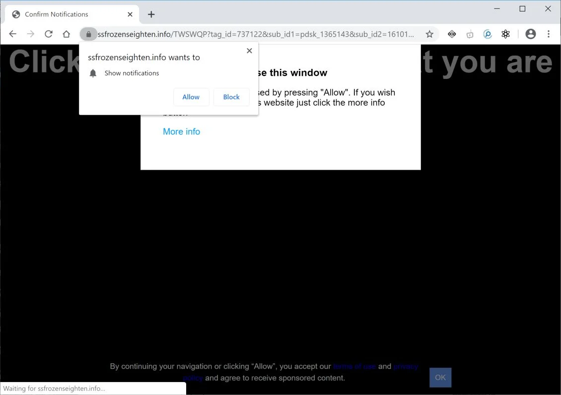 How to remove Ssfrozenseighten.info pop-up ads (Virus Removal Guide) 1 Image: Chrome browser is redirected to Ssfrozenseighten.info