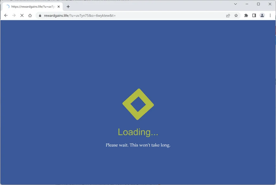 Image: Chrome browser is redirected to the Rewardgains.life site