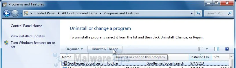 [Image: Uninstall Goofler Toolbar from Windows]