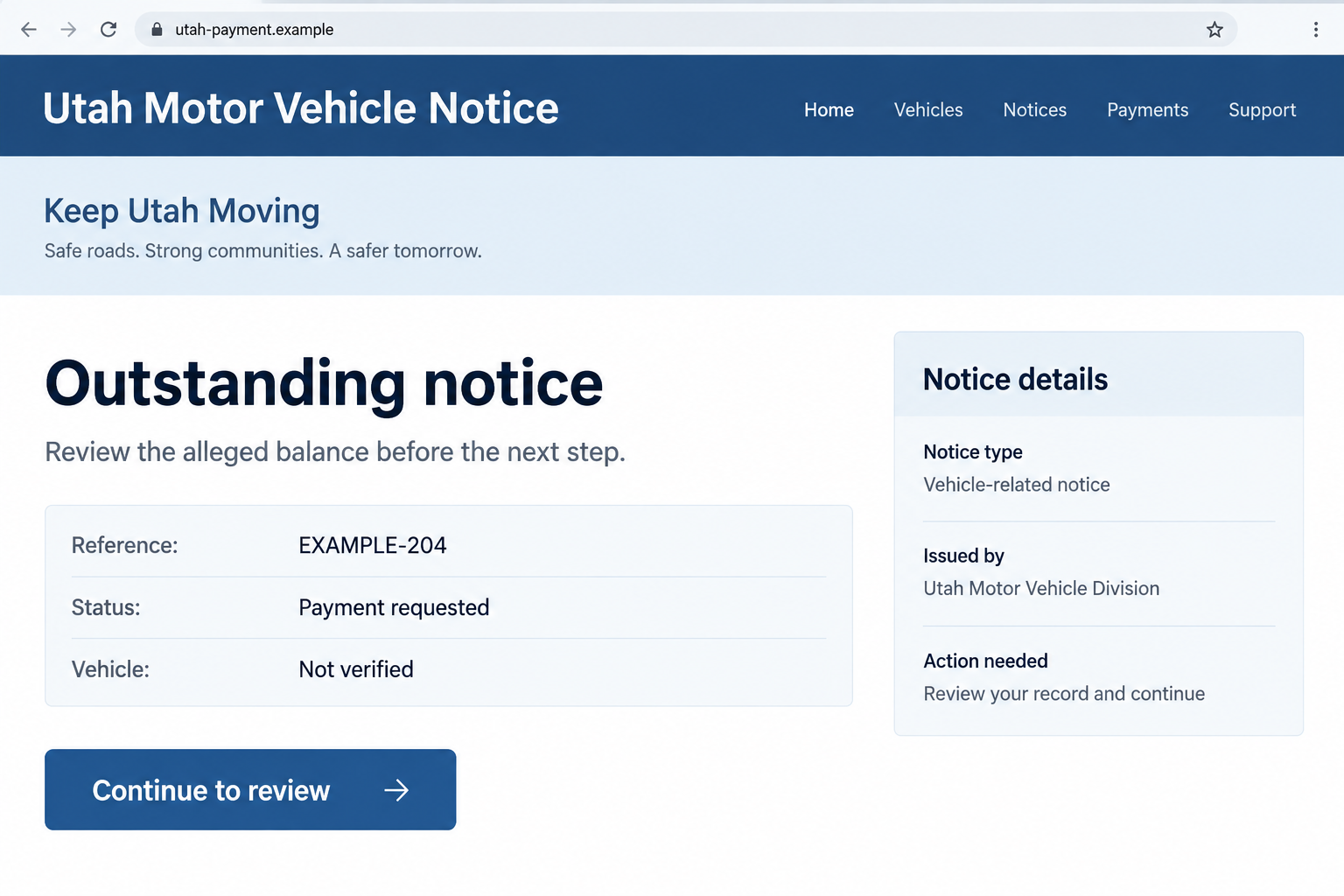 Illustrative fake Utah vehicle-notice webpage showing a payment request and fictional reference on a nonfunctional example domain