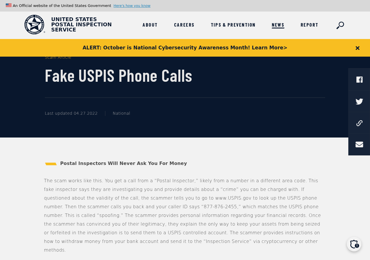Original U.S. Postal Inspection Service warning titled Fake USPIS Phone Calls explaining official-number spoofing and demands for money