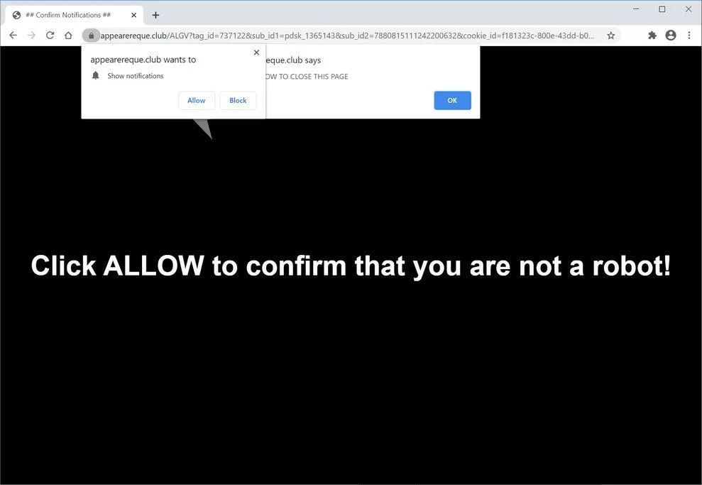 Image: Chrome browser is redirected to Appearereque.club