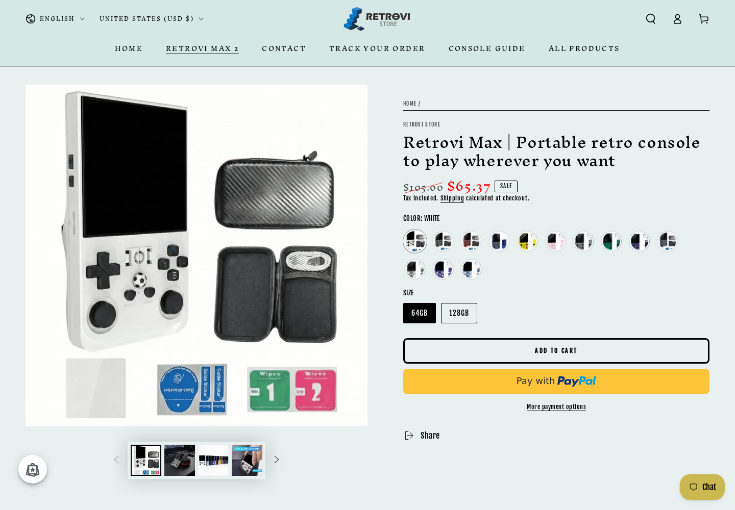 Original Retrovi Max handheld console offer displaying a $65.37 starting price and storage choices
