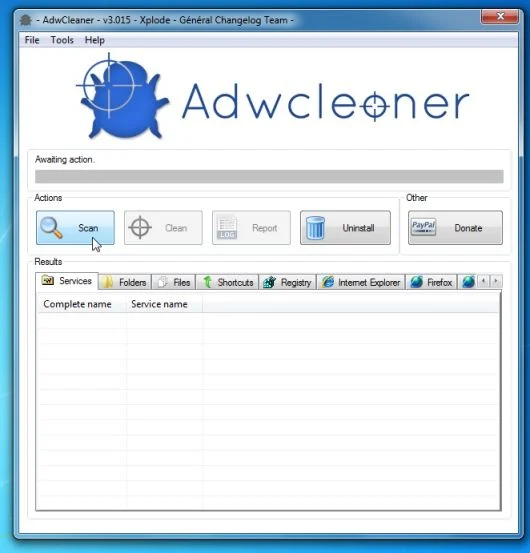 Click on Scan button to search for update4.flashplayes.info infection Picture of AdwCleaner Scan button