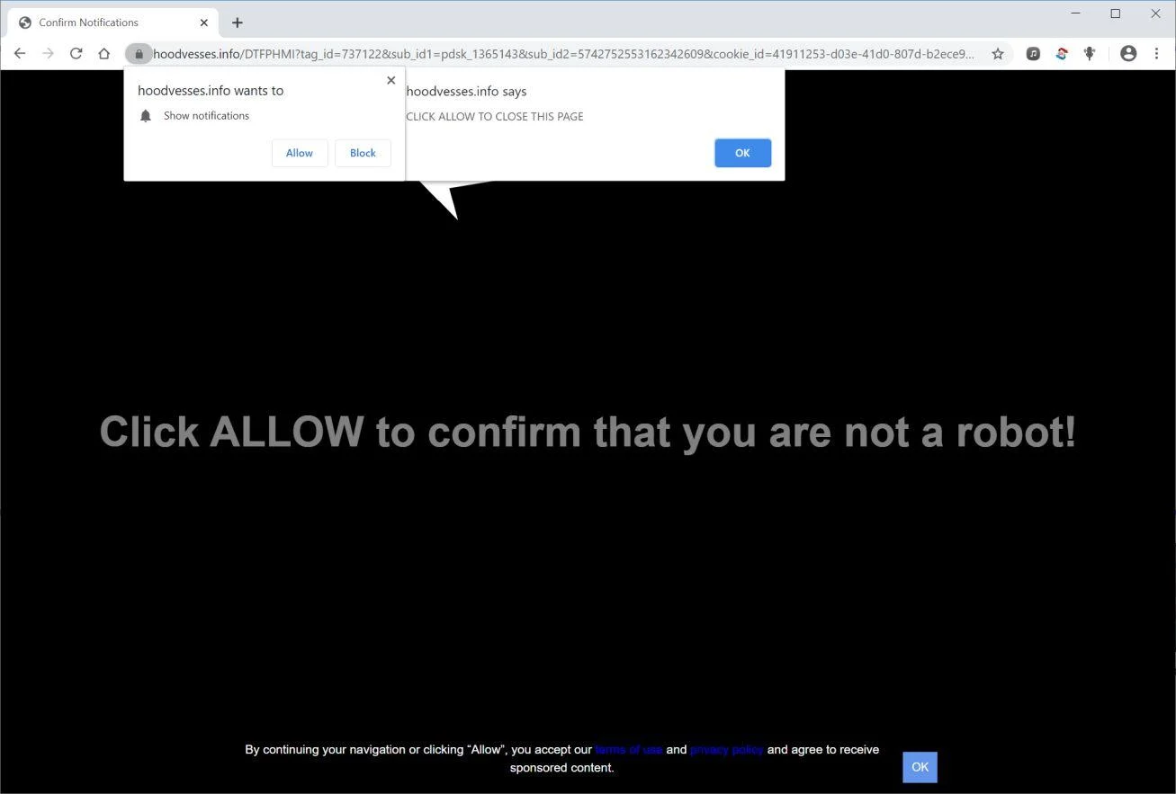 Remove Hoodvesses.info pop-up ads (Virus Removal Guide) 1 Image: Chrome browser is redirected to Hoodvesses.info