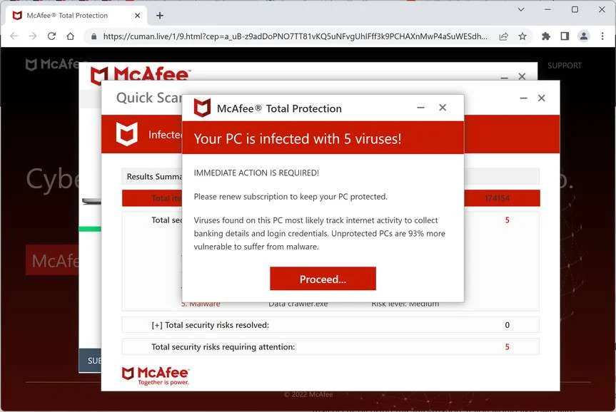 Image: Cuman.live Fake McAfee Virus Alert