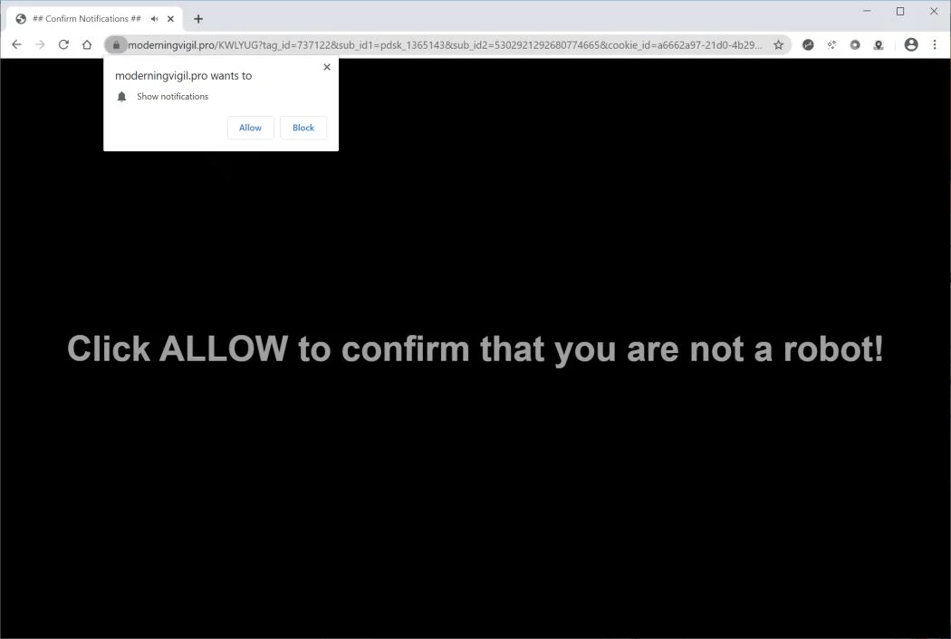 Remove Moderningvigil.pro pop-up ads (Virus Removal Guide) 1 Image: Chrome browser is redirected to Moderningvigil.pro