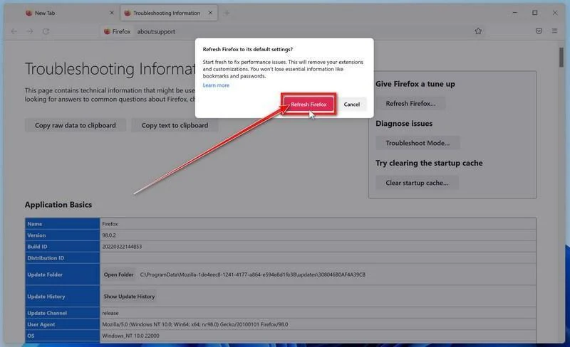 Click again on Refresh Firefox button