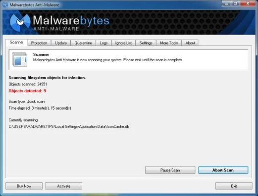 [Image: Malwarebytes Anti-Malware scanning for Mystart.Airzipper.com virus