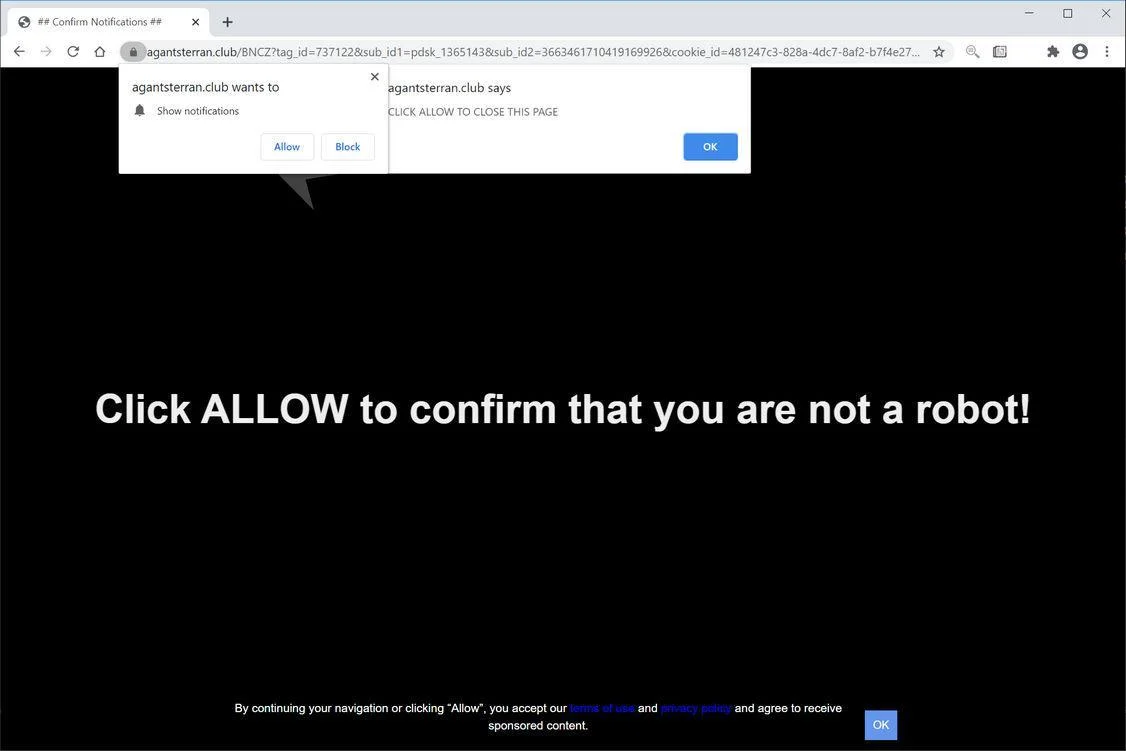 Remove Agantsterran.club pop-up ads (Virus Removal Guide) 1 Image: Chrome browser is redirected to Agantsterran.club