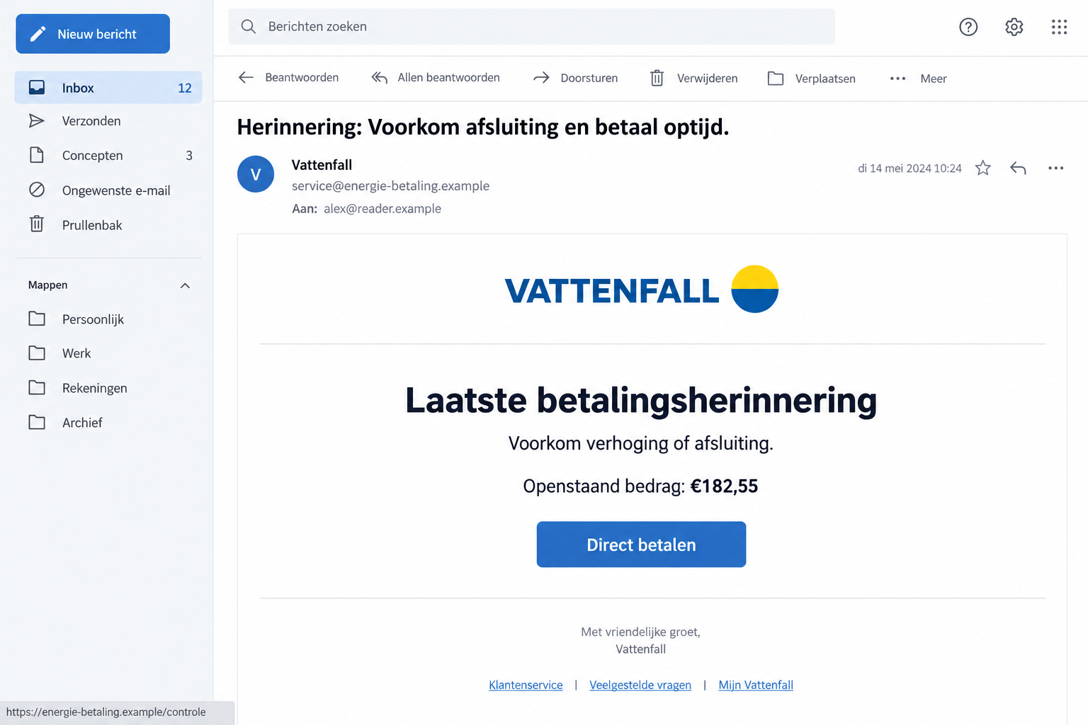 Vattenfall Email Scam: Fake Shutoff Warnings Push You to Pay a False Bill 1 Illustrative Vattenfall impersonation email showing a false unpaid bill and fictional payment destination