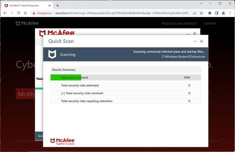 Image: Aired.live Fake McAfee Virus Alert
