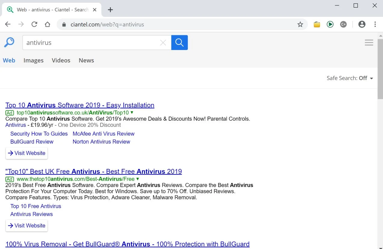 Image: Chrome browser is redirected to the Ciantel.com redirect site