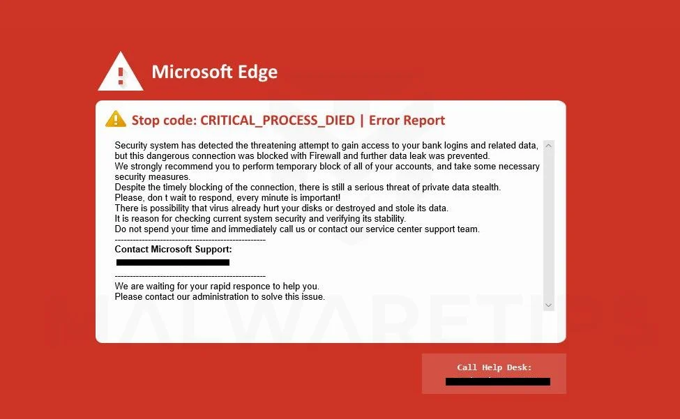 Image: Stop code: CRITICAL_PROCESS_DIED - Tech Support Sca