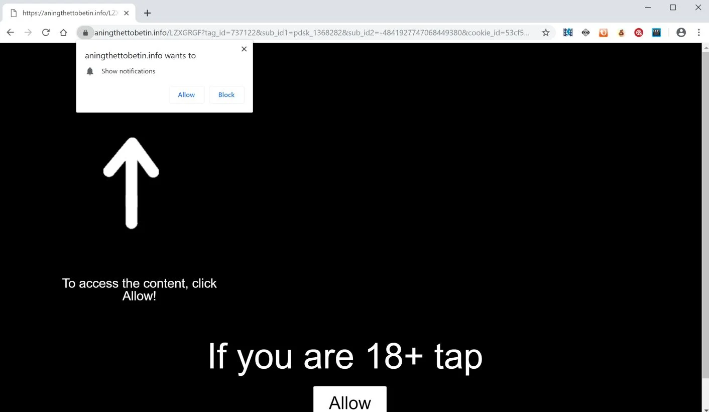 Image: Chrome browser is redirected to the Aningthettobetin.info site