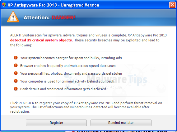 XP Antispyware Pro 2013 Warning